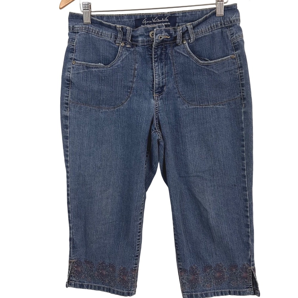 Gloria Vanderbilt Womens Embroidered Floral Hem Crop Capri Jeans Blue Size 6 Y2K